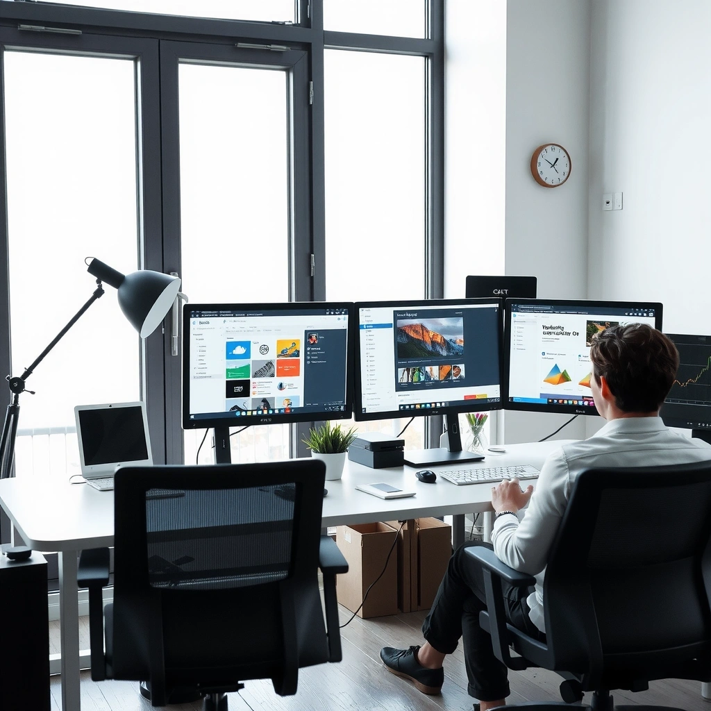 Modern web design workspace with computer screens and design elements