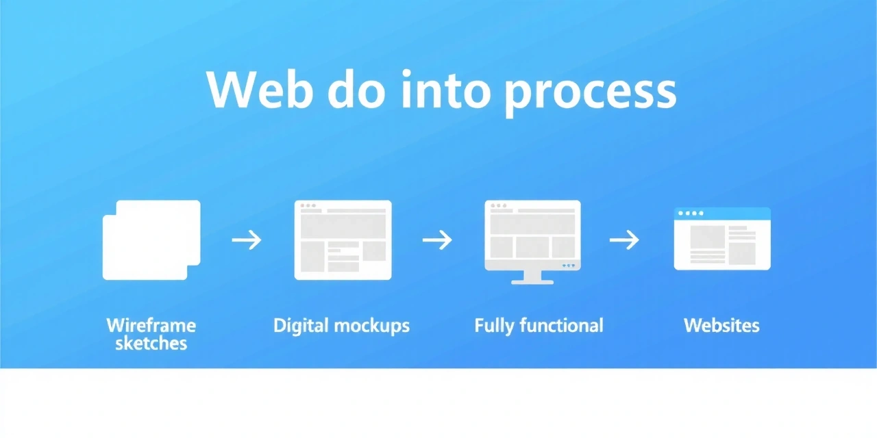 Design process visualization showing wireframes, mockups, and final website