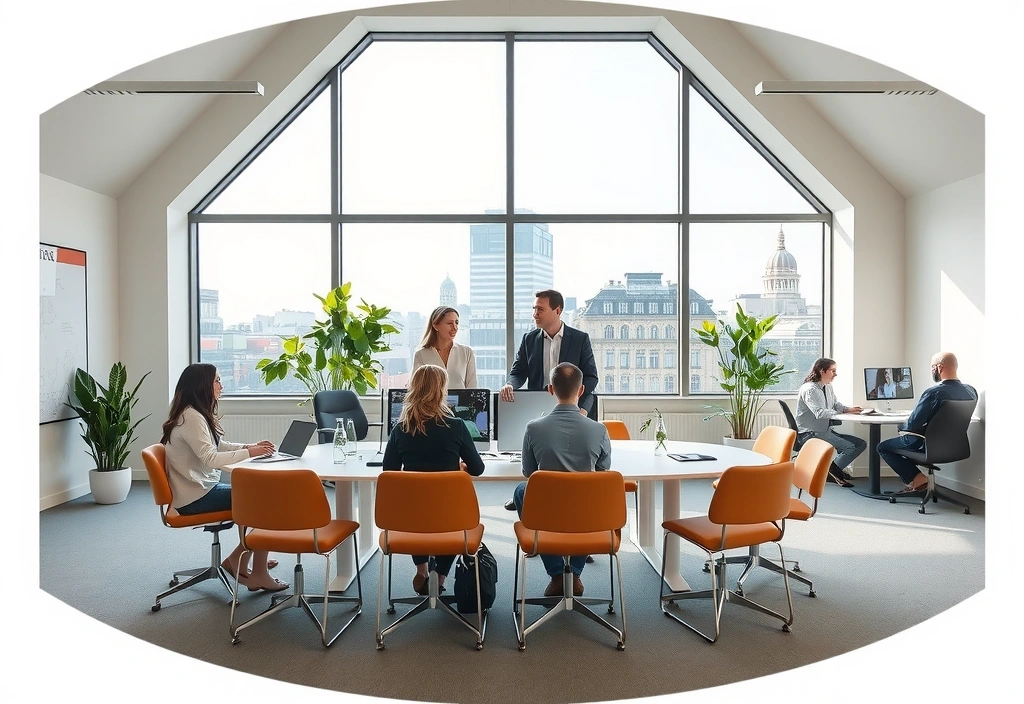 Modern office workspace in Chelsea with team collaborating on web design projects
